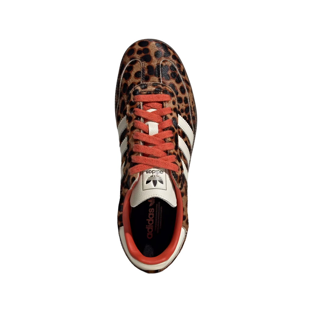 Samba Og Preloved Red Leopard Adidas sneaker featuring leopard print and red laces, top view.