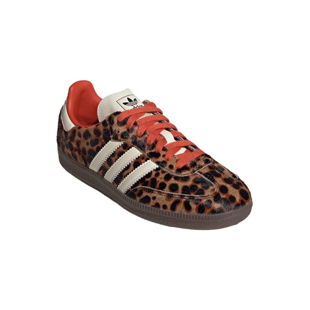 Samba Og Preloved Red Leopard, Adidas shoes with red leopard print and classic three stripes.