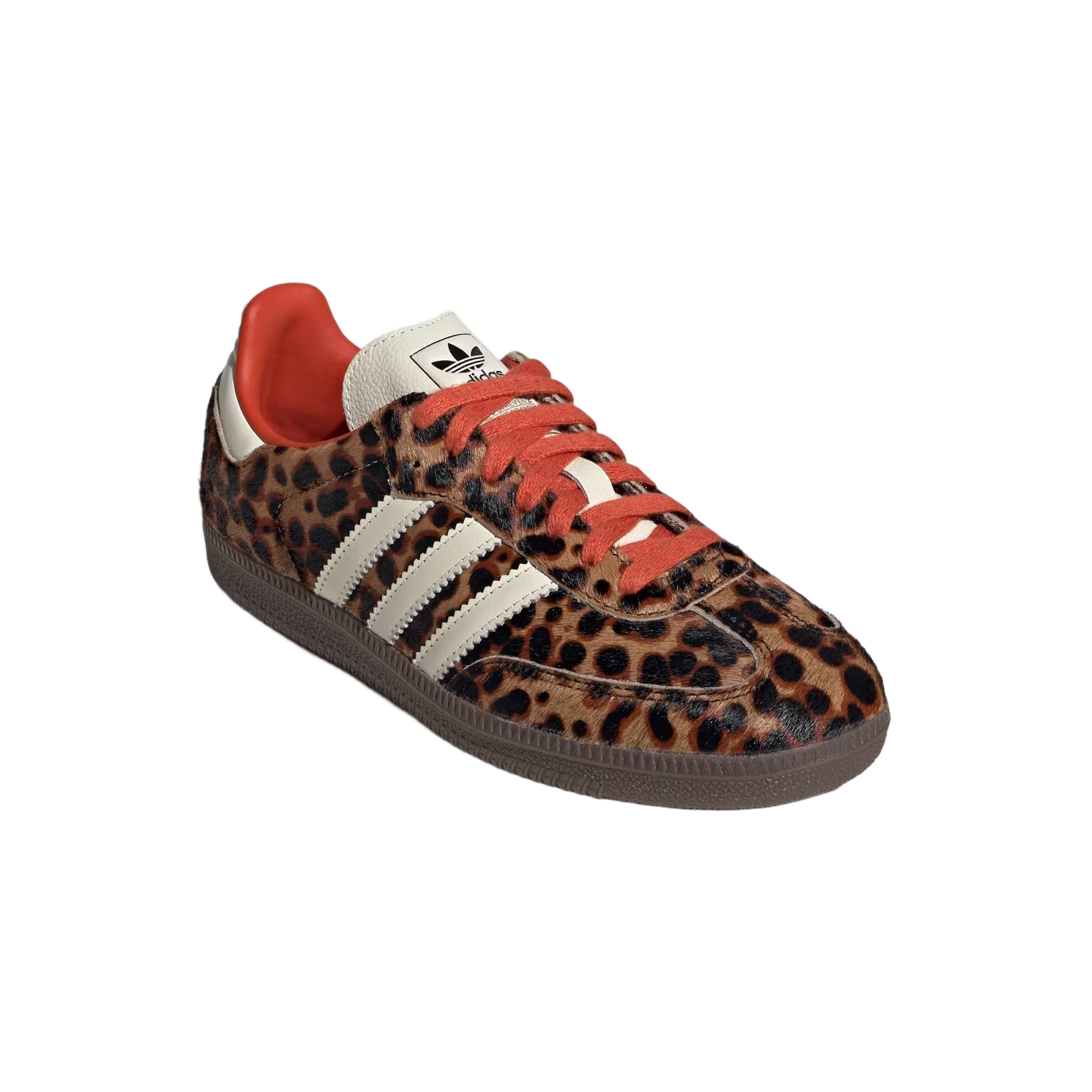 Samba Og Preloved Red Leopard, Adidas shoes with red leopard print and classic three stripes.