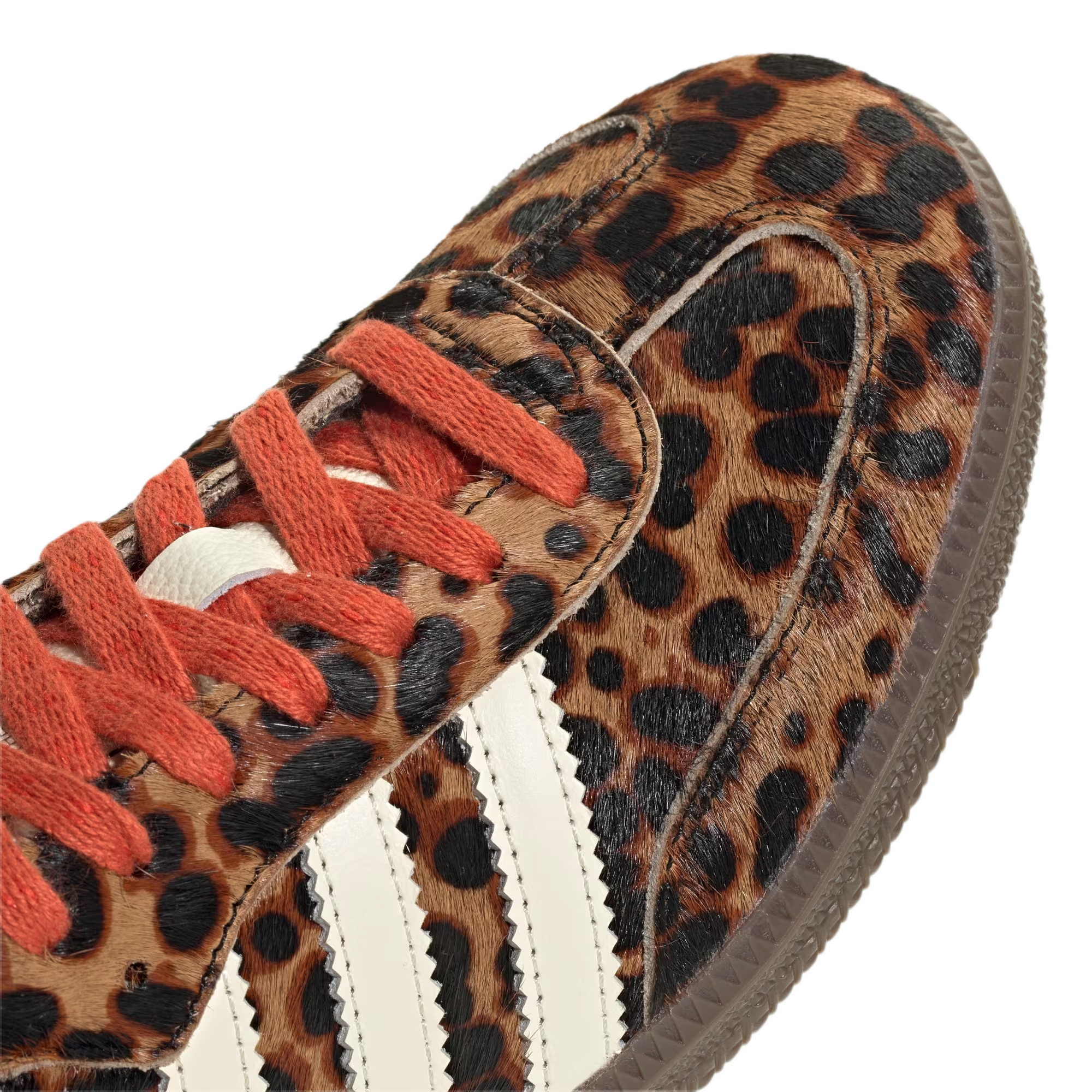 Samba Og Preloved Red Leopard shoe with leopard print upper and red laces, designed by Adidas.