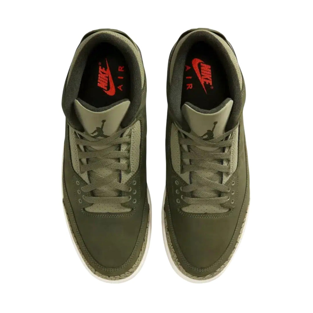Air 3 Family Affair Sneakers Green top view showcasing olive green color and Nike Air branding.