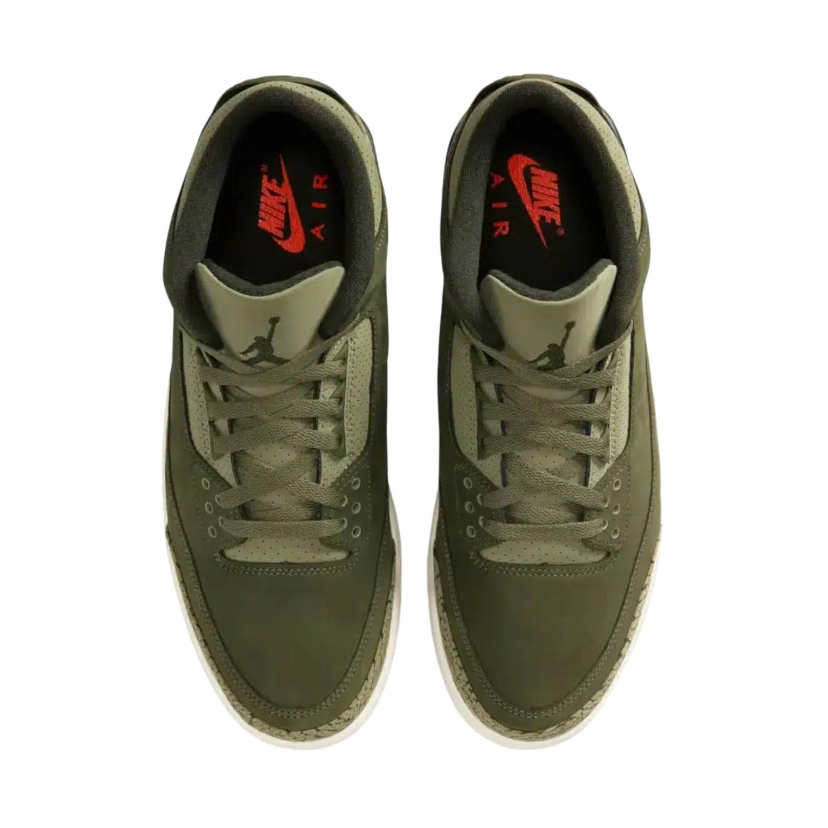 Air 3 Family Affair Sneakers Green top view showcasing olive green color and Nike Air branding.
