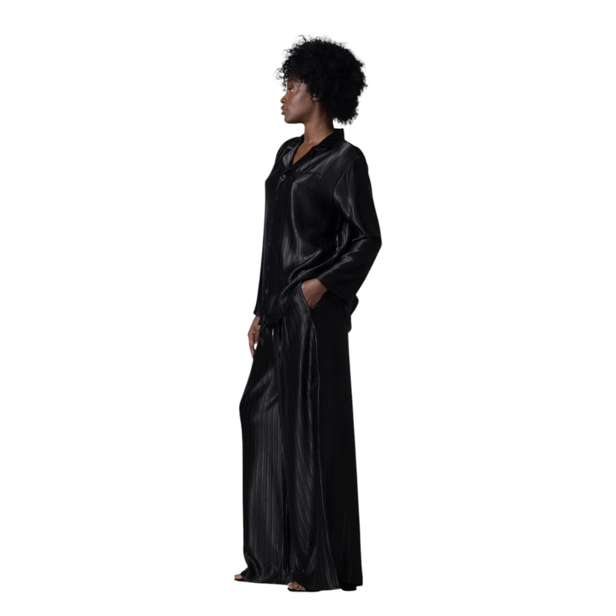 Loose Satin Stripe Wide Leg Pant Black